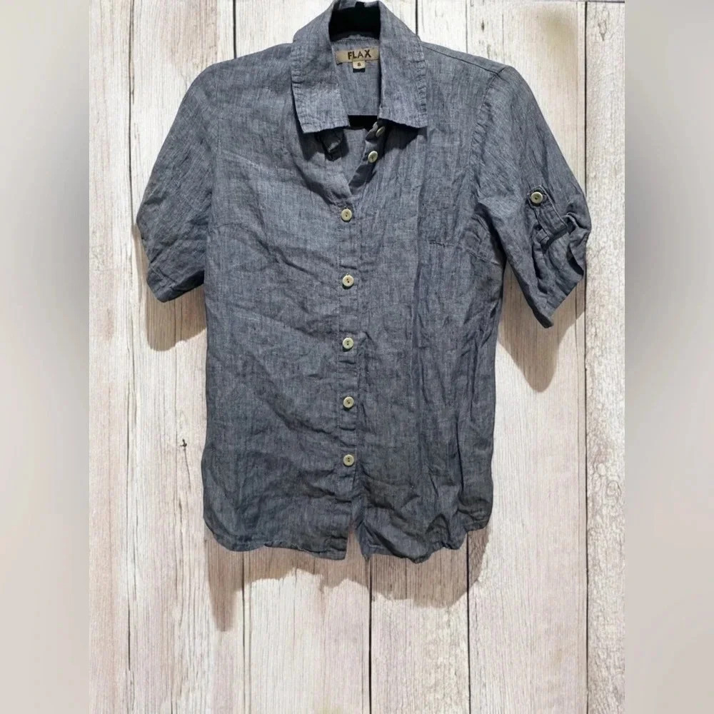 FLAX 100% LINEN BUTTON UP BLUE SHIRT 1/2 Roll Tab Sleeve Size Small Lagenlook